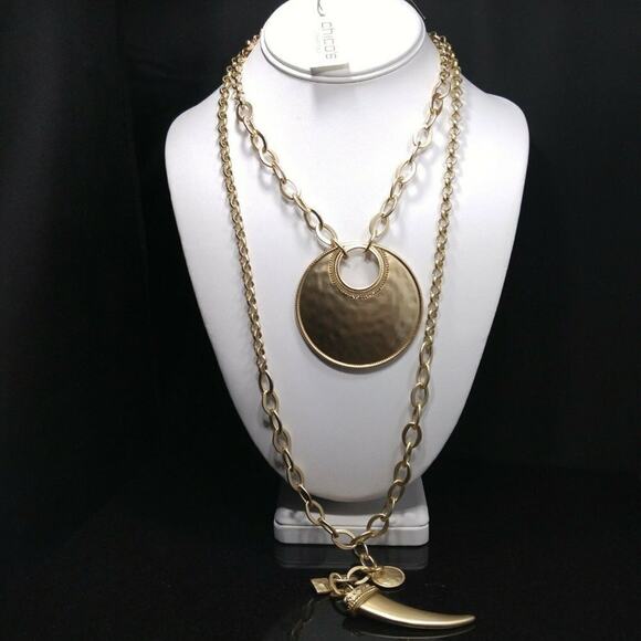 Chico's Two Pendant Necklace Set, Gold Tone Pendant, Faux Horn, NWT,  16 & 28 In - Picture 2 of 8